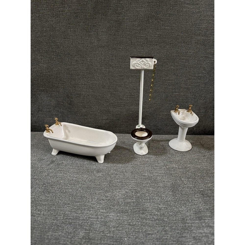 VTG Dollhouse Miniature Realistic Bathroom Set 3 Pieces Clawfoot Tub Toilet Sink